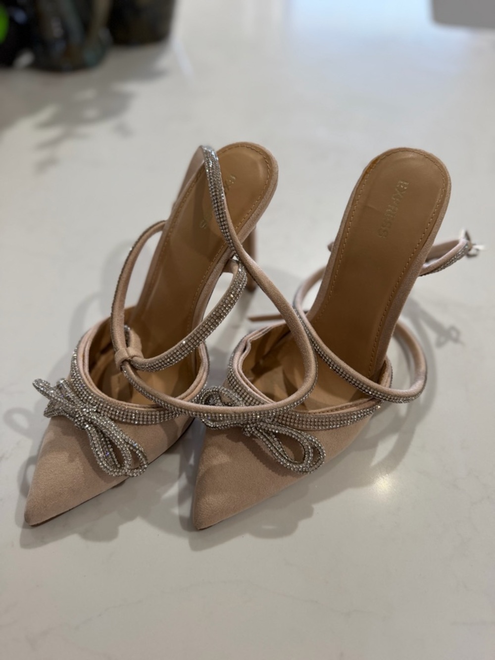 Women's Rhinestone Bow Pointed-Toe Heels in Blush